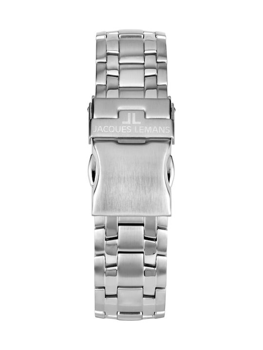 Jacques Lemans Liverpool Ανδρικό Ρολόι 44mm Χρονογράφος Μπαταρίας με Ασημί Μεταλλικό Μπρασελέ