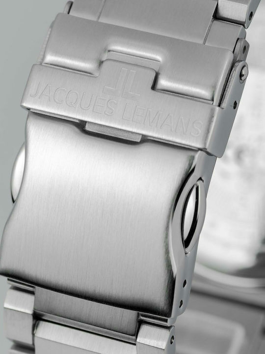 Jacques Lemans Eco Power Ανδρικό Ρολόι 44mm Χρονογράφος Solar με Ασημί Μεταλλικό Μπρασελέ