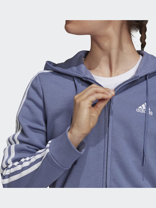 Performance Essentials 3-Stripes Γυναικεία Ζακέτα Φούτερ με Κουκούλα Μπλε