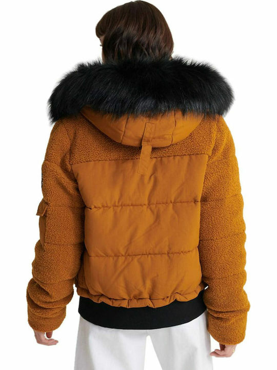 Superdry Ella Sherpa Kurz Damen Puffer Jacke mit pelziger Kapuze für Winter Orange