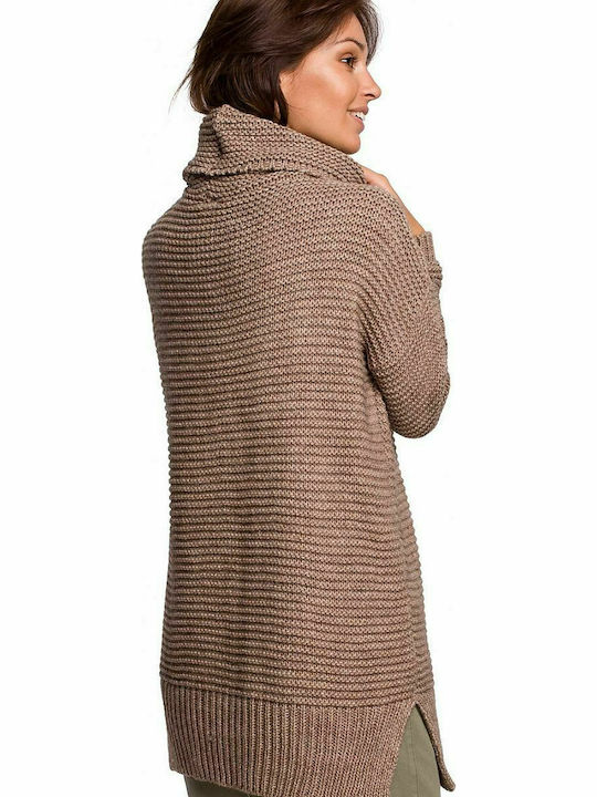 BE Knit BK047 Women's Long Sleeve Sweater Turtleneck Cappuccino