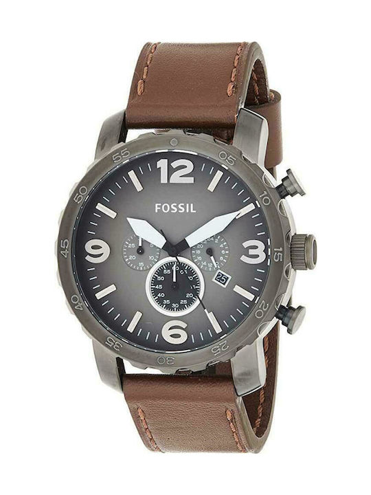 Fossil Ανδρικό Ρολόι 50mm Χρονογράφος Μπαταρίας με Καφέ Δερμάτινο Λουράκι