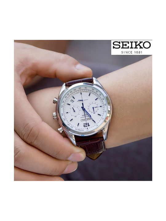 Seiko Ανδρικό Ρολόι 44.9mm Χρονογράφος Μπαταρίας με Καφέ Δερμάτινο Λουράκι