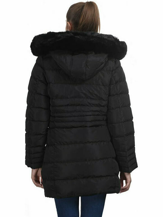 Biston Lang Damen Puffer Jacke mit pelziger Kapuze für Winter Schwarz