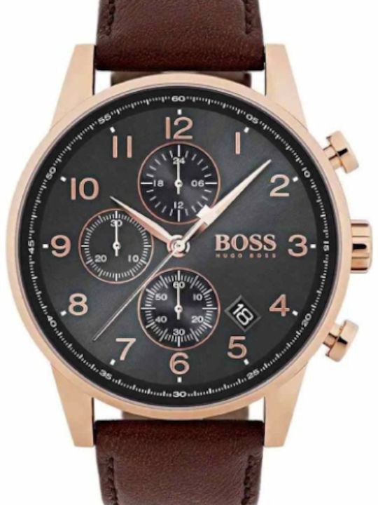 Boss Navigator Ανδρικό Ρολόι 44mm Χρονογράφος Μπαταρίας με Καφέ Δερμάτινο Λουράκι