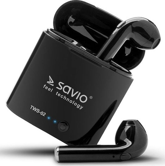 Savio TWS-02 Earbud Bluetooth хендсфри Слушалки с Кутийка за Зареждане Черен