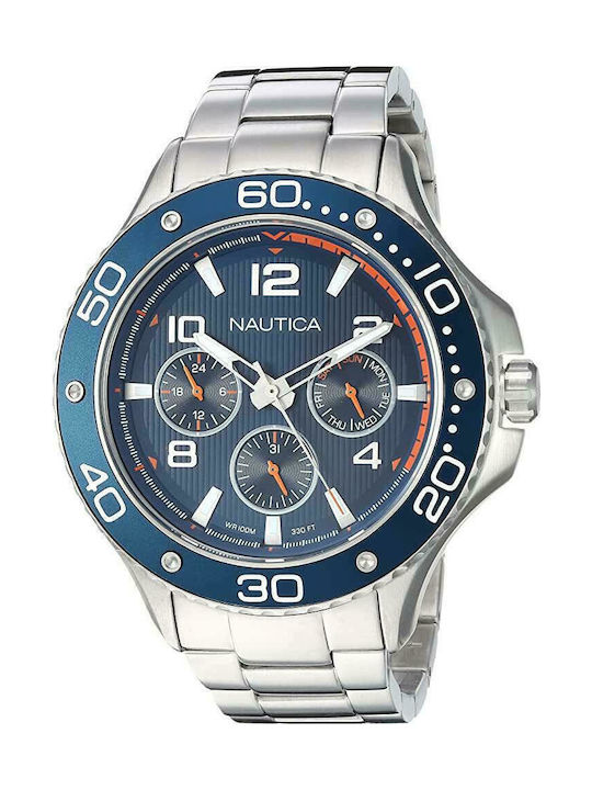 Nautica Pier 25 Men's Watch 48mm Chronograph Battery with Silver Metal Bracelet