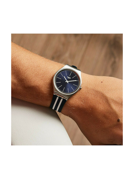 Swatch Skinblueiron Uhr Batterie mit Blau Kautschukarmband