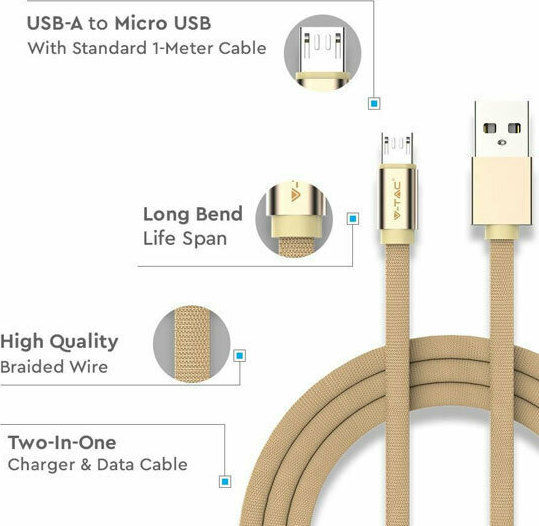 V-TAC Braided USB 2.0 to micro USB Cable Χρυσό 1m (Ruby)