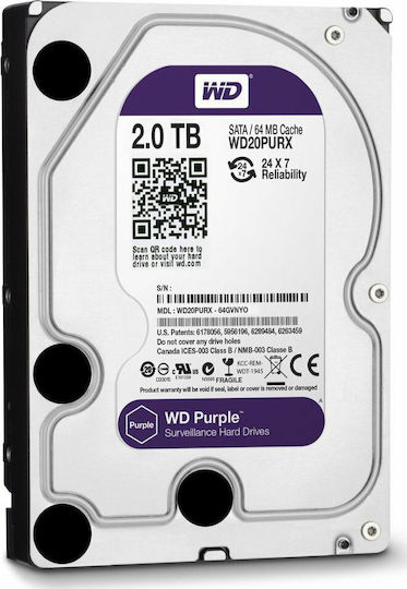 Western Digital Purple 2TB HDD Σκληρός Δίσκος 3.5" SATA III 5400rpm με 256MB Cache για Καταγραφικό WD22PURZ