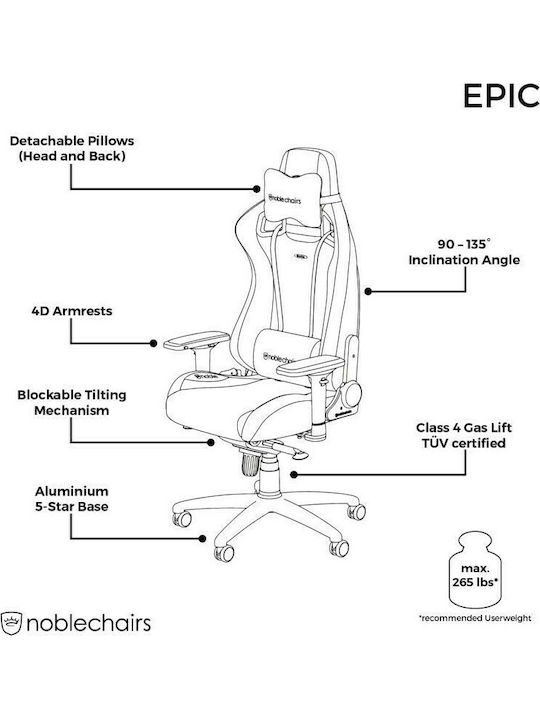 Noblechairs Epic Καρέκλα Gaming Δερματίνης με Ρυθμιζόμενα Μπράτσα Μαύρο/Κόκκινο
