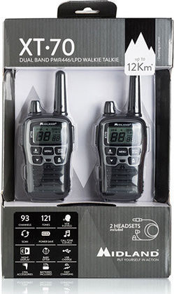 Midland XT70 Wireless Transceiver PMR 0.5W with Monochrome Screen Set of 2pcs In Silver Color
