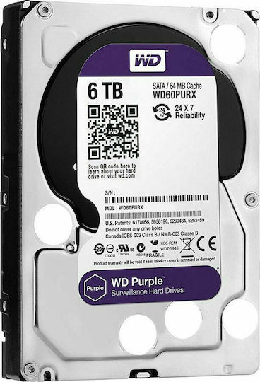 Western Digital Purple 6TB HDD Σκληρός Δίσκος 3.5" SATA III 5400rpm με 256MB Cache για Καταγραφικό WD63PURZ