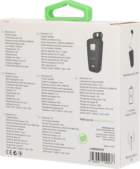 Lamtech LAM000476 In-ear Bluetooth Handsfree Ακουστικό Πέτου Μαύρο