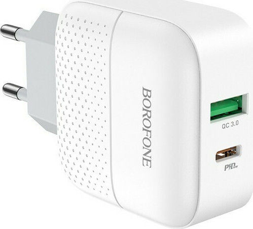 Borofone Încărcător cu Port USB-A și Port USB-C și Cablu USB-C - Lightning 18W Power Delivery / Quick Charge 2.0 / Quick Charge 3.0 Alb (BA46A)