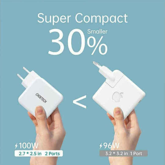 Choetech Charger Without Cable GaN with 2 USB-C Ports 100W Power Delivery Whites (PD6008)