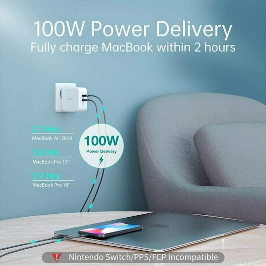 Choetech Charger Without Cable GaN with 2 USB-C Ports 100W Power Delivery Whites (PD6008)