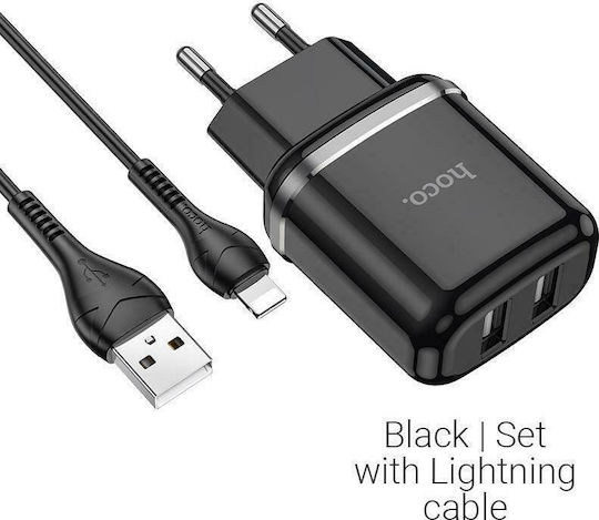 Hoco Ladegerät mit 2 USB-A Anschlüsse und Kabel Blitzschlag Schwarzs (N4 Aspiring)