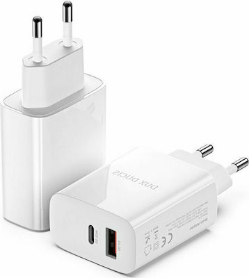 Dux Ducis Charger Without Cable with USB-A Port and USB-C Port 20W White (C70)