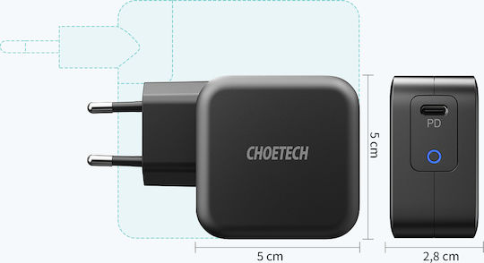 Choetech Φορτιστής με Θύρα USB-C και Καλώδιο USB-C 60W Power Delivery Μαύρος (Q6006)