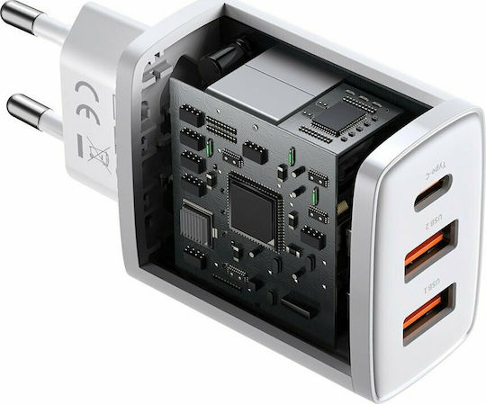 Baseus Φορτιστής Χωρίς Καλώδιο με 2 Θύρες USB-A και Θύρα USB-C 30W Power Delivery Λευκός (Compact 2U+C)