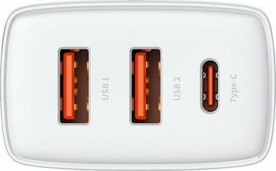 Baseus Φορτιστής Χωρίς Καλώδιο με 2 Θύρες USB-A και Θύρα USB-C 30W Power Delivery Λευκός (Compact 2U+C)