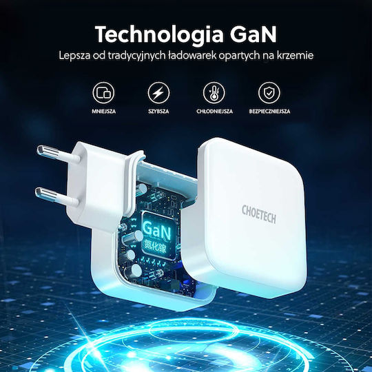 Choetech GaN Kabelloser Handyladegerät mit USB-A und USB-C Ausgangsanschlüssen Weiß (PD8002)