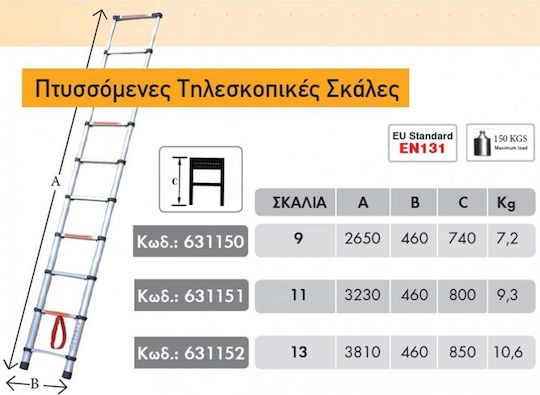 Bulle Scara telescopică Aluminiu 9 Scări cu înălțime maximă de 2.65m PA9 631150
