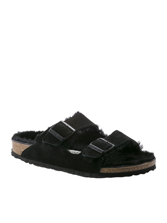 Birkenstock Arizona Shearling Ανατομικές Δερμάτινες Γυναικείες Παντόφλες σε Μαύρο Χρώμα