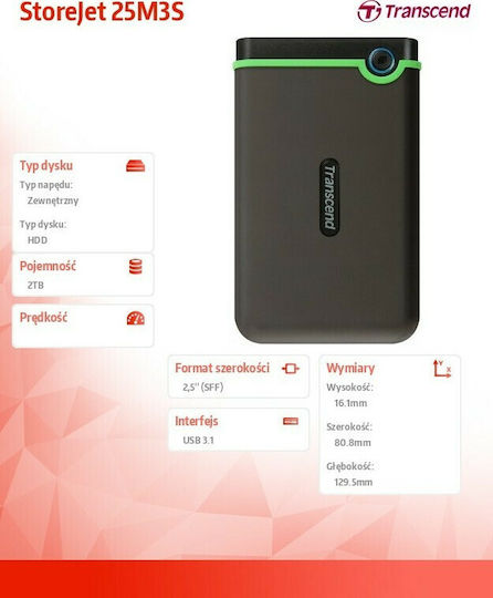 Transcend StoreJet 25M3S USB 3.1 Εξωτερικός HDD 2TB 2.5" Μαύρο
