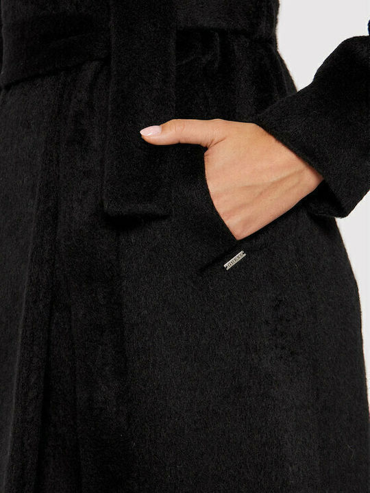 Women's Black Coat with Fur Details