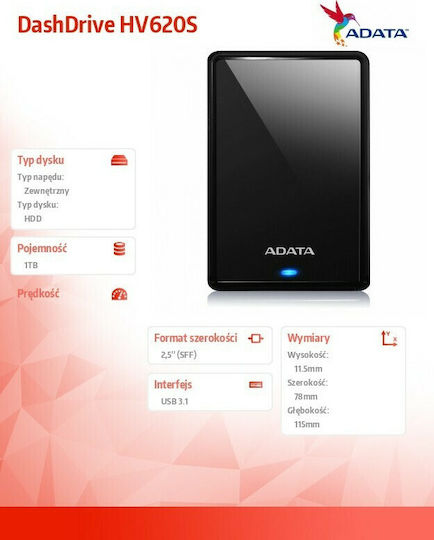 Adata HV620S USB 3.0 Εξωτερικός HDD 1TB 2.5" Μαύρο