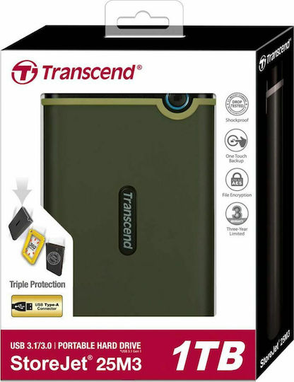Transcend StoreJet 25M3 USB 3.0 External 2.5" HDD 1TB Military Green