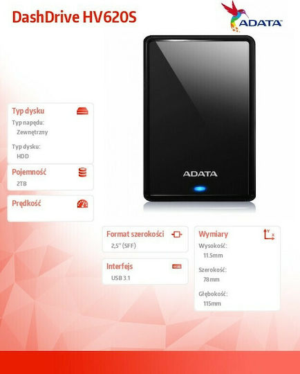 Adata HV620S USB 3.0 External 2.5" HDD 2TB Black