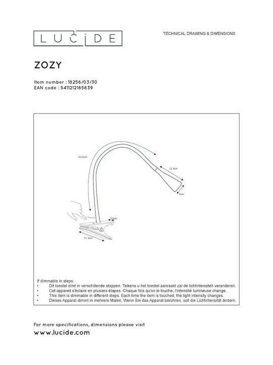 Lucide Lightning Zozy LED Office Lamp with Flexible Arm and Clip in Black Color