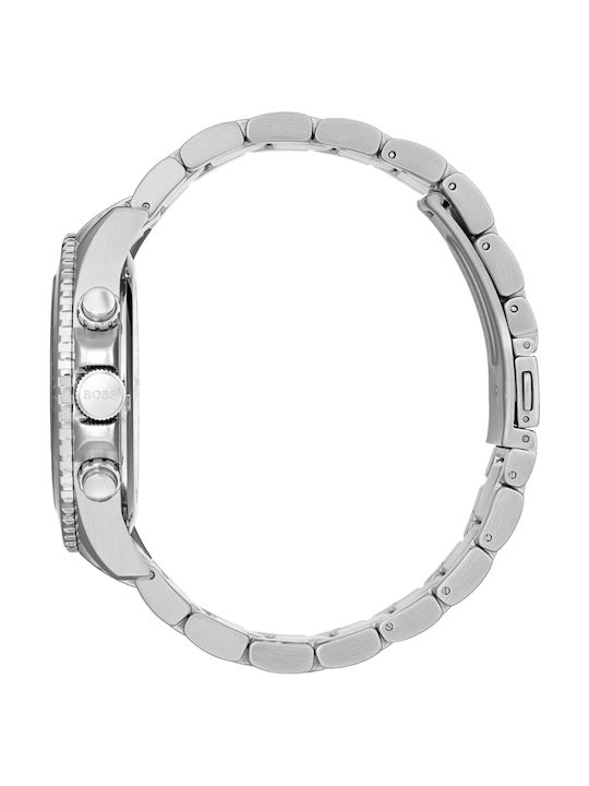 Boss Ocean Edition Ανδρικό Ρολόι 48mm Χρονογράφος Μπαταρίας με Ασημί Μεταλλικό Μπρασελέ