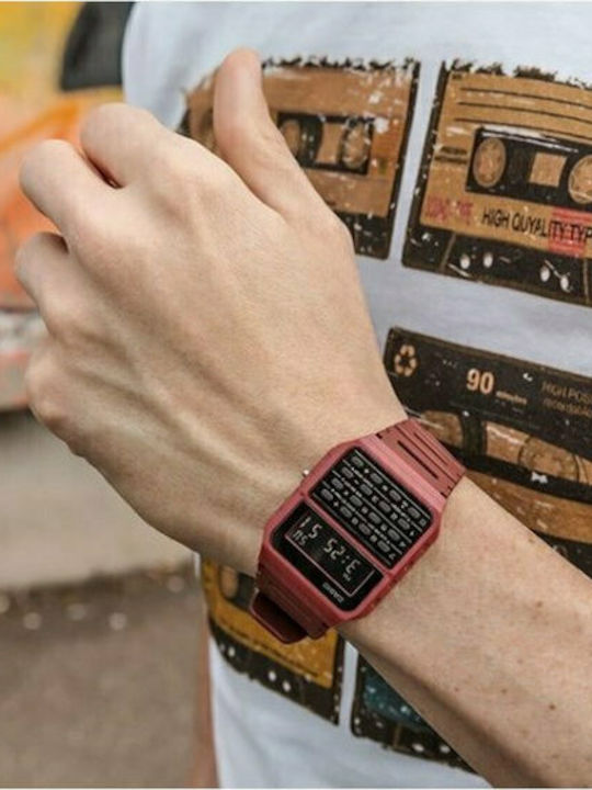 Casio Calculator Digital Men's Watch 43.2mm Battery with Red Rubber Strap