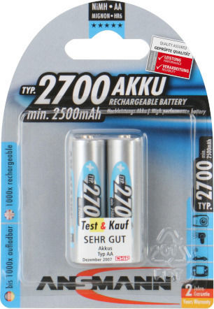 Ansmann Wiederaufladbare Batterien AA Ni-MH 2700mAh 1.2V 2Stück
