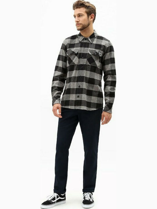 Sacramento Long Sleeve Flannel Overshirt in Narrow Fit Checked Grey Melange