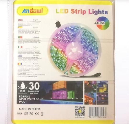 Andowl Αδιάβροχη Ταινία LED USB 5V RGB Φως 5m Τύπου SMD5050 με Τροφοδοτικό & Τηλεχειριστήριο