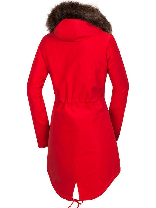 Analia Women's Long Parka Jacket Waterproof and Windproof for Winter with Hood Red