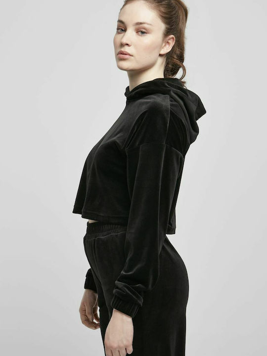 Cropped Women's Velvet Sweatshirt with Hood Black