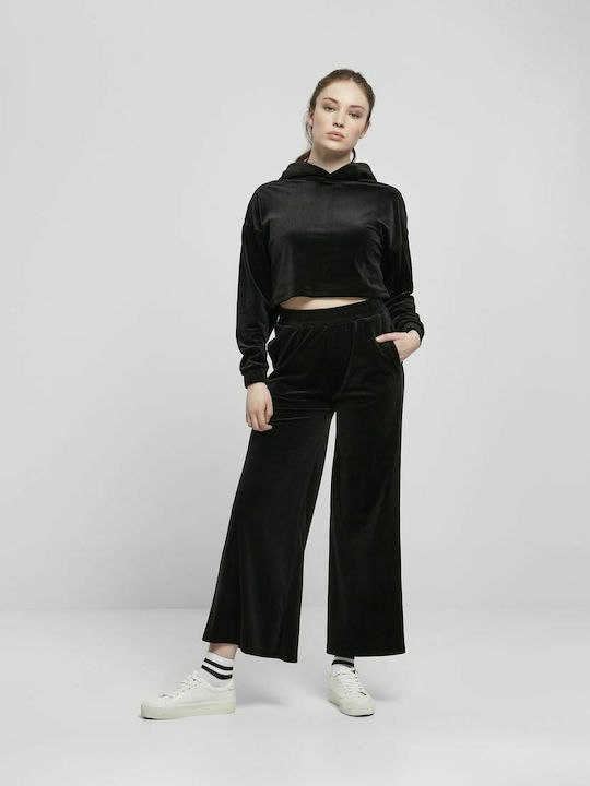 Cropped Women's Velvet Sweatshirt with Hood Black