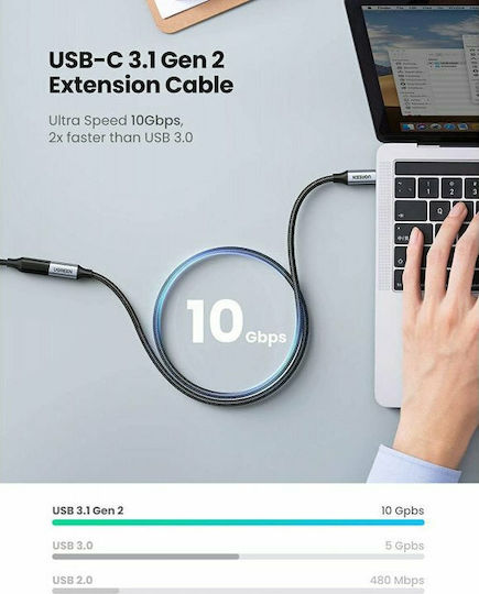 Ugreen US372 Braided USB 3.1 Video Cable USB-C male - USB-C female 100W Μαύρο 0.5m 80810
