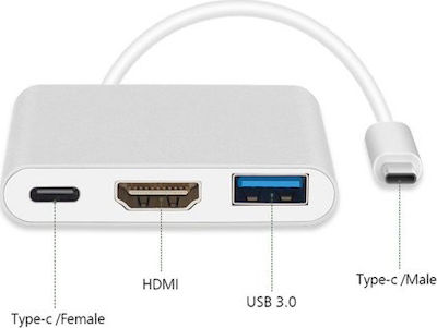 Maclean Energy Μετατροπέας USB-C male σε HDMI / USB-A / USB-C female Ασημί (MCTV-840)