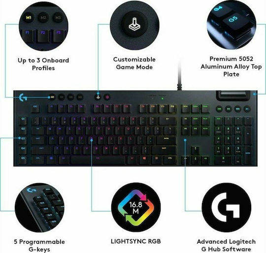 Logitech G815 Lightsync Гейминг Механична Клавиатура с GL Tactile суичове и RGB подсветка (Английски US) Черен