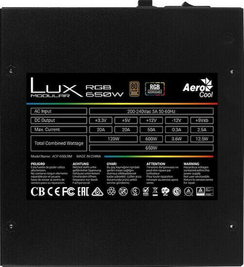 Aerocool LUX RGB 650W Black Computer Power Supply Full Wired 80 Plus Bronze