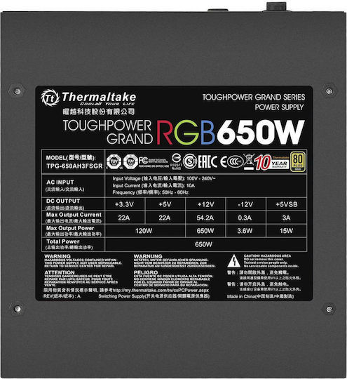Thermaltake Toughpower Grand RGB Sync Edition 650W Black Computer Power Supply Full Modular 80 Plus Gold