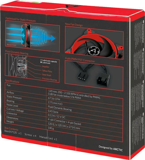 Arctic Bionix P120 Case Fan (2100rpm / 67.56cfm) Without LED Lighting And Connection 4-Pin Molex / 4-Pin PWM Red