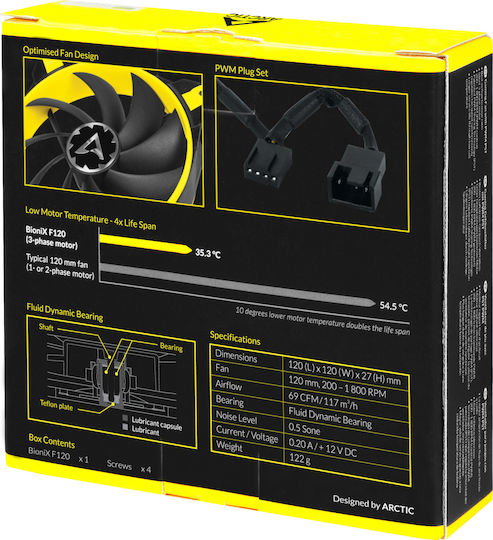 Arctic BioniX F120 Case Fan (1800rpm / 69cfm) Without LEDs Lighting and Connection 4-Pin PWM Yellow